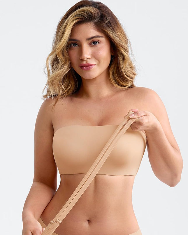 ushopwedrop Women’s Strapless Bra & Bandeau Top, Seamless Wireless Sticky Molded Bra with Light Shaping, Invisible Low Back Convertible Straps Bra for Dresses