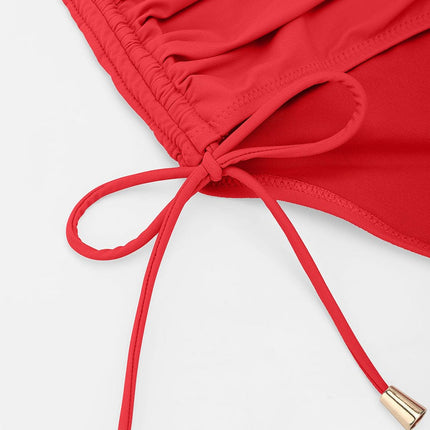 Deep V Metal Ring Drawstring Tummy Control Swimsuit with Removable Pads