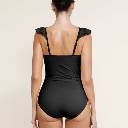 Body Hub Ruffled One Piece V Neck Lace Up Swimsuit