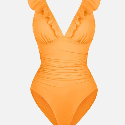 Body Hub Ruffled One Piece V Neck Lace Up Swimsuit