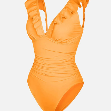 Body Hub Ruffled One Piece V Neck Lace Up Swimsuit