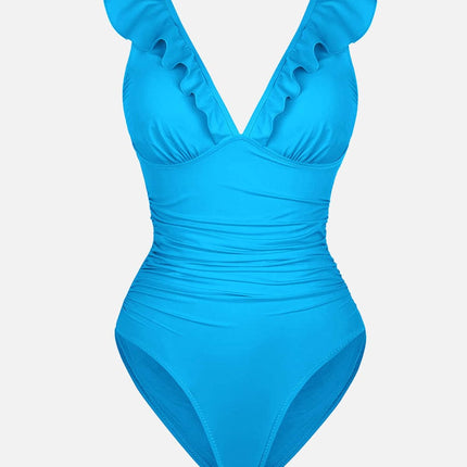 Body Hub Ruffled One Piece V Neck Lace Up Swimsuit
