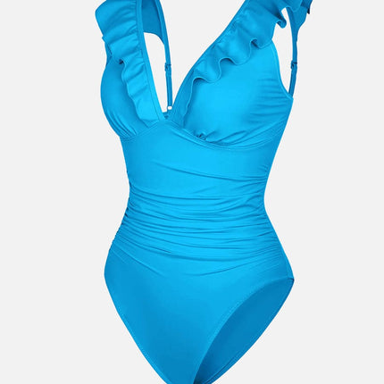 Body Hub Ruffled One Piece V Neck Lace Up Swimsuit