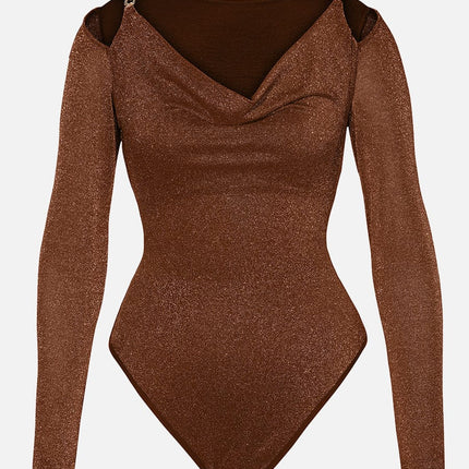 Wholesale Shiny Draped Neck All In One Shapewear Bodysuit with Built In Bra and Thong Snap Crotch.