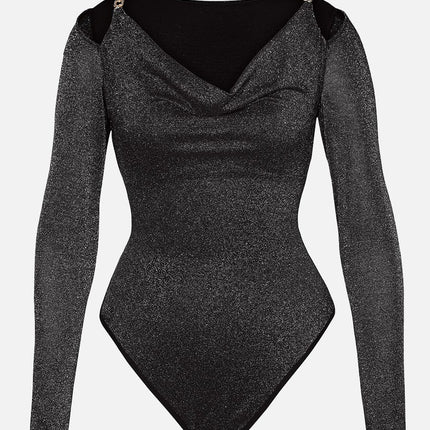 Wholesale Shiny Draped Neck All In One Shapewear Bodysuit with Built In Bra and Thong Snap Crotch.