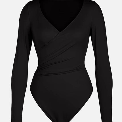 Wholesale Sexy V-neck Overlapping pleated Waist and Tummy Control Antibacterial Crotch Bodysuit.