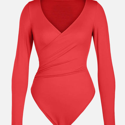 Wholesale Sexy V-neck Overlapping pleated Waist and Tummy Control Antibacterial Crotch Bodysuit.