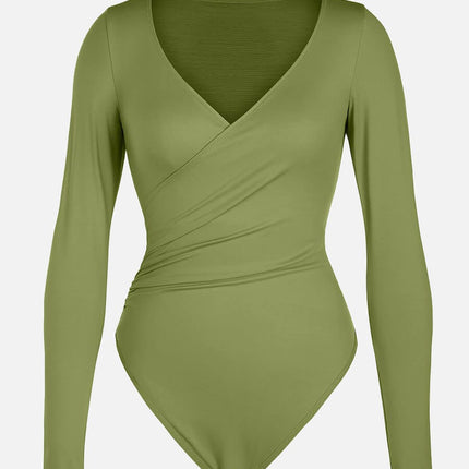 Wholesale Sexy V-neck Overlapping pleated Waist and Tummy Control Antibacterial Crotch Bodysuit.