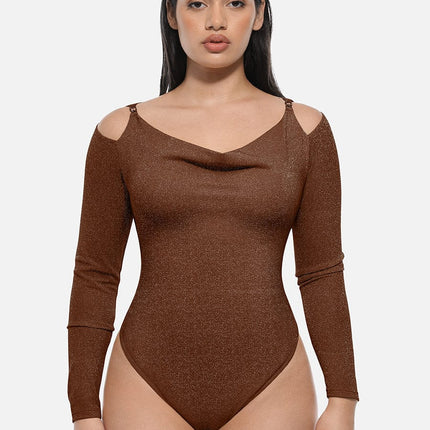 Wholesale Shiny Draped Neck All In One Shapewear Bodysuit with Built In Bra and Thong Snap Crotch.