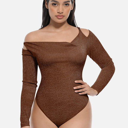 Wholesale Shiny Draped Neck All In One Shapewear Bodysuit with Built In Bra and Thong Snap Crotch.