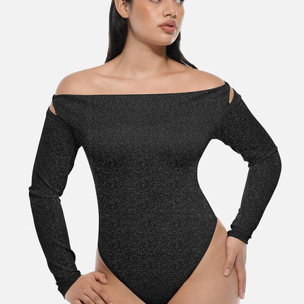 Wholesale Shiny Draped Neck All In One Shapewear Bodysuit with Built In Bra and Thong Snap Crotch.