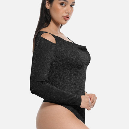 Wholesale Shiny Draped Neck All In One Shapewear Bodysuit with Built In Bra and Thong Snap Crotch.