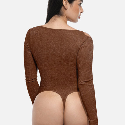 Wholesale Shiny Draped Neck All In One Shapewear Bodysuit with Built In Bra and Thong Snap Crotch.