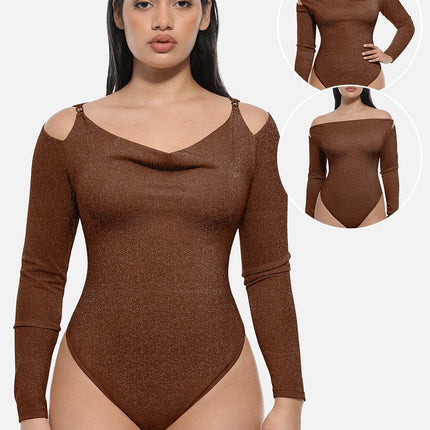 Wholesale Shiny Draped Neck All In One Shapewear Bodysuit with Built In Bra and Thong Snap Crotch.