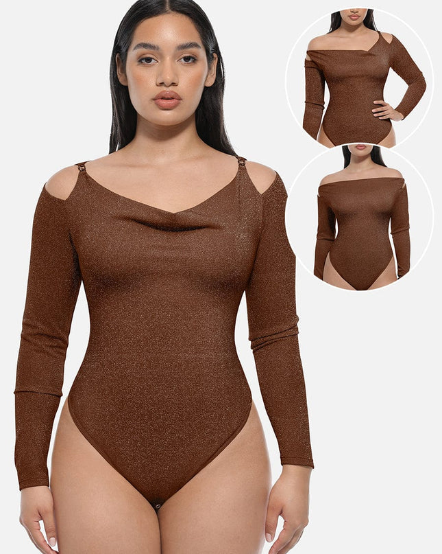 Wholesale Shiny Draped Neck All In One Shapewear Bodysuit with Built In Bra and Thong Snap Crotch.