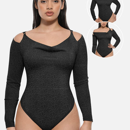 Wholesale Shiny Draped Neck All In One Shapewear Bodysuit with Built In Bra and Thong Snap Crotch.