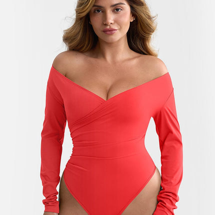 Wholesale Sexy V-neck Overlapping pleated Waist and Tummy Control Antibacterial Crotch Bodysuit.