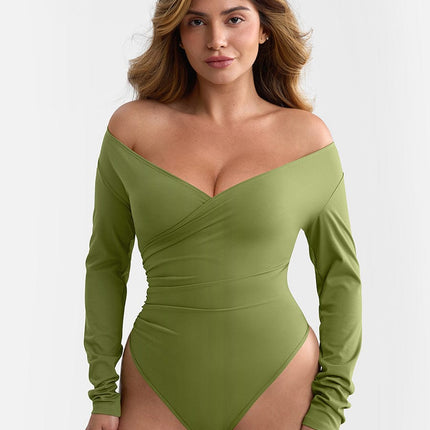 Wholesale Sexy V-neck Overlapping pleated Waist and Tummy Control Antibacterial Crotch Bodysuit.