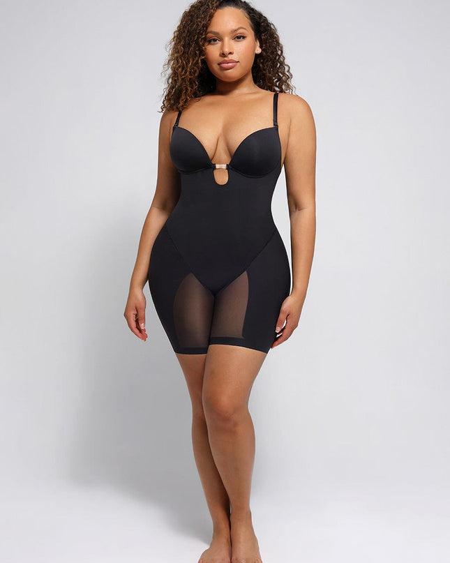 Wholesale Plunge Low-Back Mid-Thigh Shapewear With Removable Hip Pads