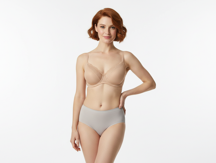 red short hair hot women wearing nude color bra & gray underwear