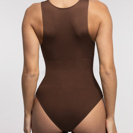 Wholesale Seamless Ribbed Zip Front Sleeveless Briefs Bodysuit.