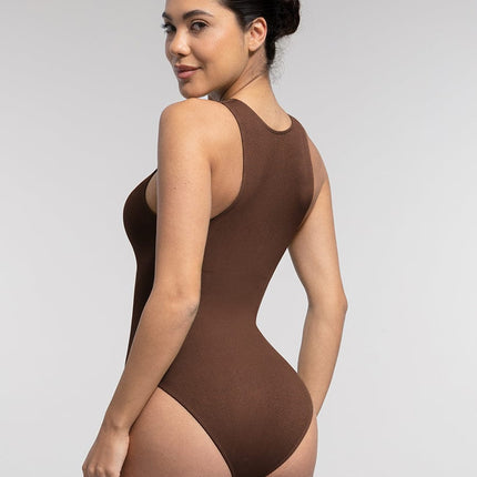 Wholesale Seamless Ribbed Zip Front Sleeveless Briefs Bodysuit.
