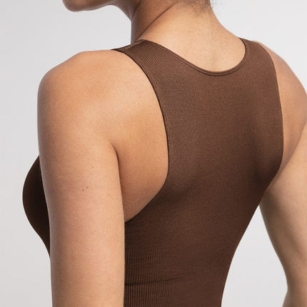 Wholesale Seamless Ribbed Zip Front Sleeveless Briefs Bodysuit.