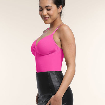Wholesale Seamless Plunge Chest Support Bodysuit with Clips Inside.