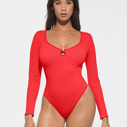 Wholesale Seamless Ribbed Sexy Hollow Scoop Neck Waist Tummy Control Thong Bodysuit.