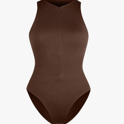 Wholesale Seamless Ribbed Zip Front Sleeveless Briefs Bodysuit.