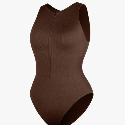 Wholesale Seamless Ribbed Zip Front Sleeveless Briefs Bodysuit.