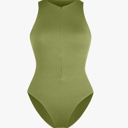 Wholesale Seamless Ribbed Zip Front Sleeveless Briefs Bodysuit.