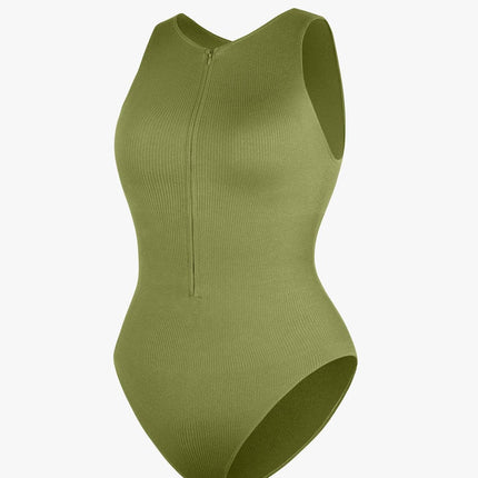 Wholesale Seamless Ribbed Zip Front Sleeveless Briefs Bodysuit.