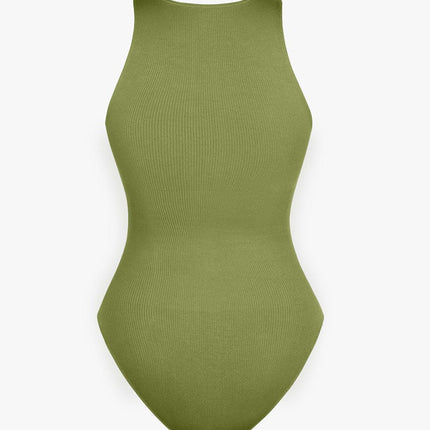 Wholesale Seamless Ribbed Zip Front Sleeveless Briefs Bodysuit.