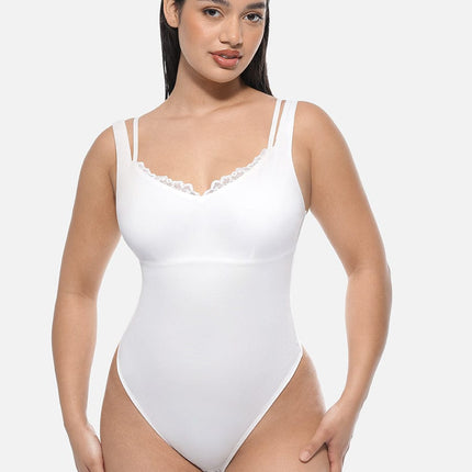 Wholesale Lace V-Neck T-Back Waist and Abdomen Shaping Thong Bodysuit.