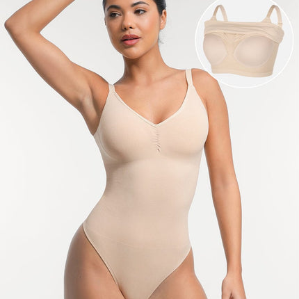 Wholesale Seamless Built-in Bra Waist and Tummy Control Thong Bodysuit.
