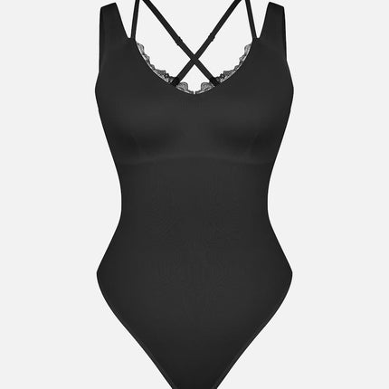 Wholesale Lace V-Neck T-Back Waist and Abdomen Shaping Thong Bodysuit.