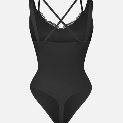 Wholesale Lace V-Neck T-Back Waist and Abdomen Shaping Thong Bodysuit.