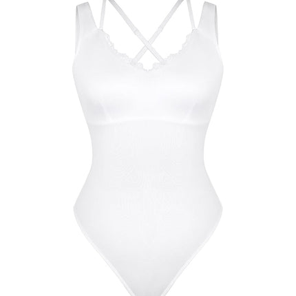 Wholesale Lace V-Neck T-Back Waist and Abdomen Shaping Thong Bodysuit.
