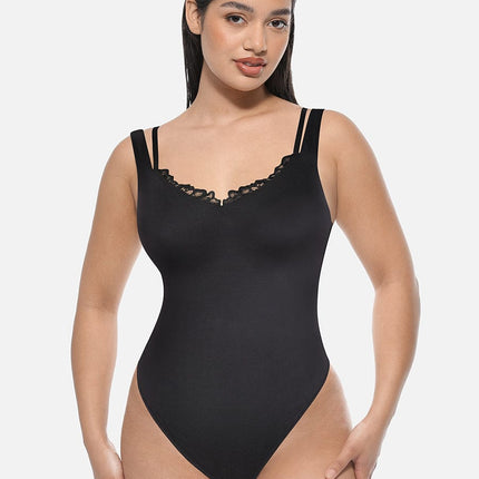Wholesale Lace V-Neck T-Back Waist and Abdomen Shaping Thong Bodysuit.