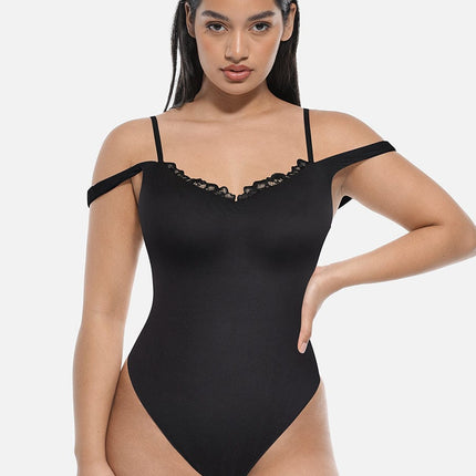 Wholesale Lace V-Neck T-Back Waist and Abdomen Shaping Thong Bodysuit.