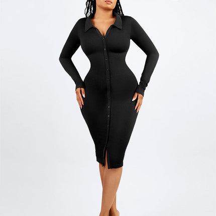 Wholesale Seamless Waist Trimming Retro Long Sleeve Shirt Dress
