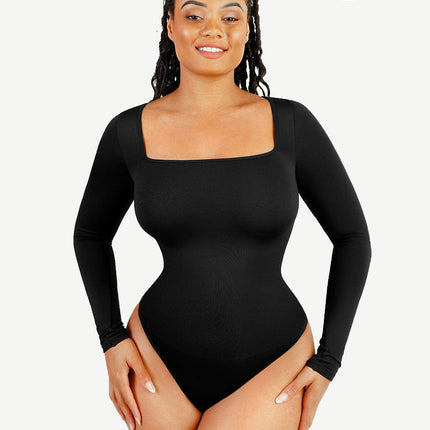 Wholesale Seamless Eco-friendly Square Neck Long Sleeve 360Â° Waist Control Thong Bodysuit