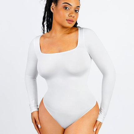 Wholesale Seamless Eco-friendly Square Neck Long Sleeve 360Â° Waist Control Thong Bodysuit