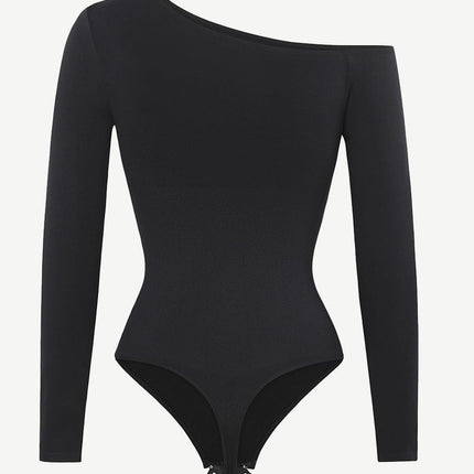 Wholesale Seamless Diagonal Neck Long Sleeve Waist Trimming Thong Bodysuit