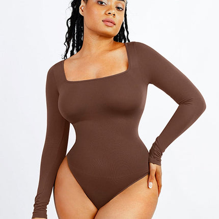 Wholesale ??Seamless Eco-friendly Square Neck Long Sleeve 360Â° Waist Control Thong Bodysuit