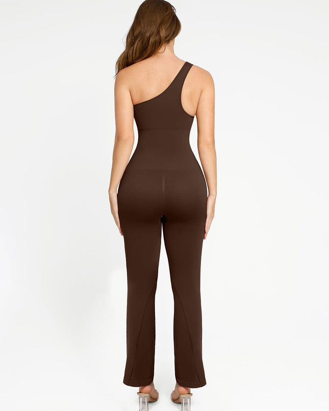 Wholesale Seamless Sloped Shoulders Shaping Bodysuit Dress with Flared Legs