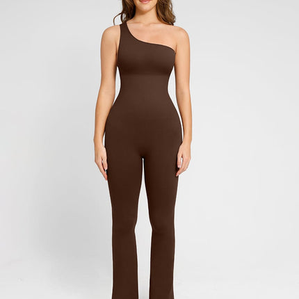 Wholesale Seamless Sloped Shoulders Shaping Bodysuit Dress with Flared Legs