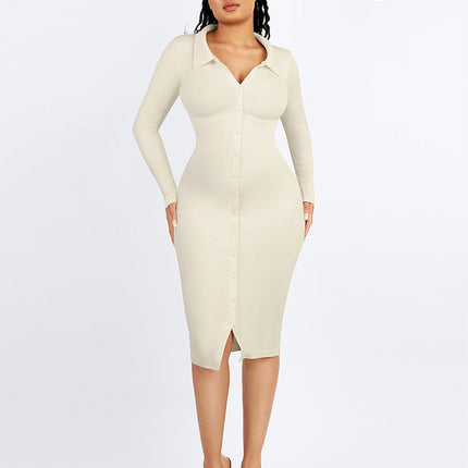 Wholesale ?? Eco-friendly Seamless Waist Trimming Retro Long Sleeve Shirt Dress