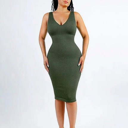 Wholesale ?? Eco-friendly Seamless Deep V-neck Waist Trimming Shaping Dress with Removable Pads